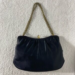 Vintage Black Satin Purse Clutch Hand Bag With Gold Tone Chain Strap